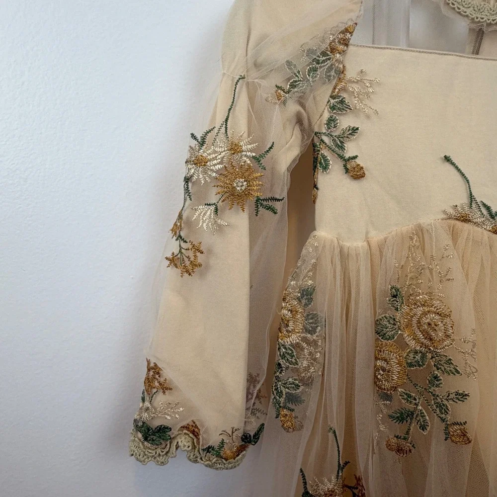 Girls Champagne Floral Embroidered Tulle Party‎ Dress Illusion Neckline Formal